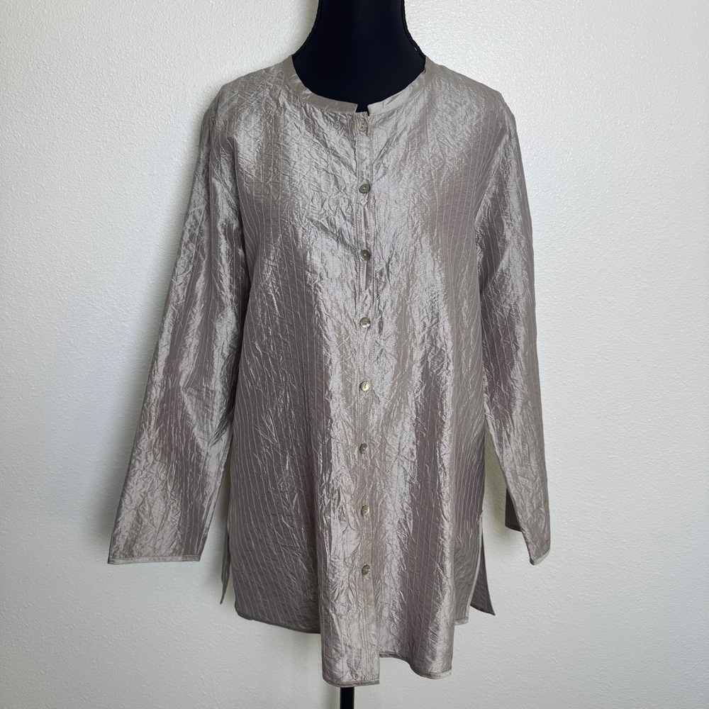Eileen Fisher Silk Tunic Blouse Small Taupe Gray Crinkle Stripe
